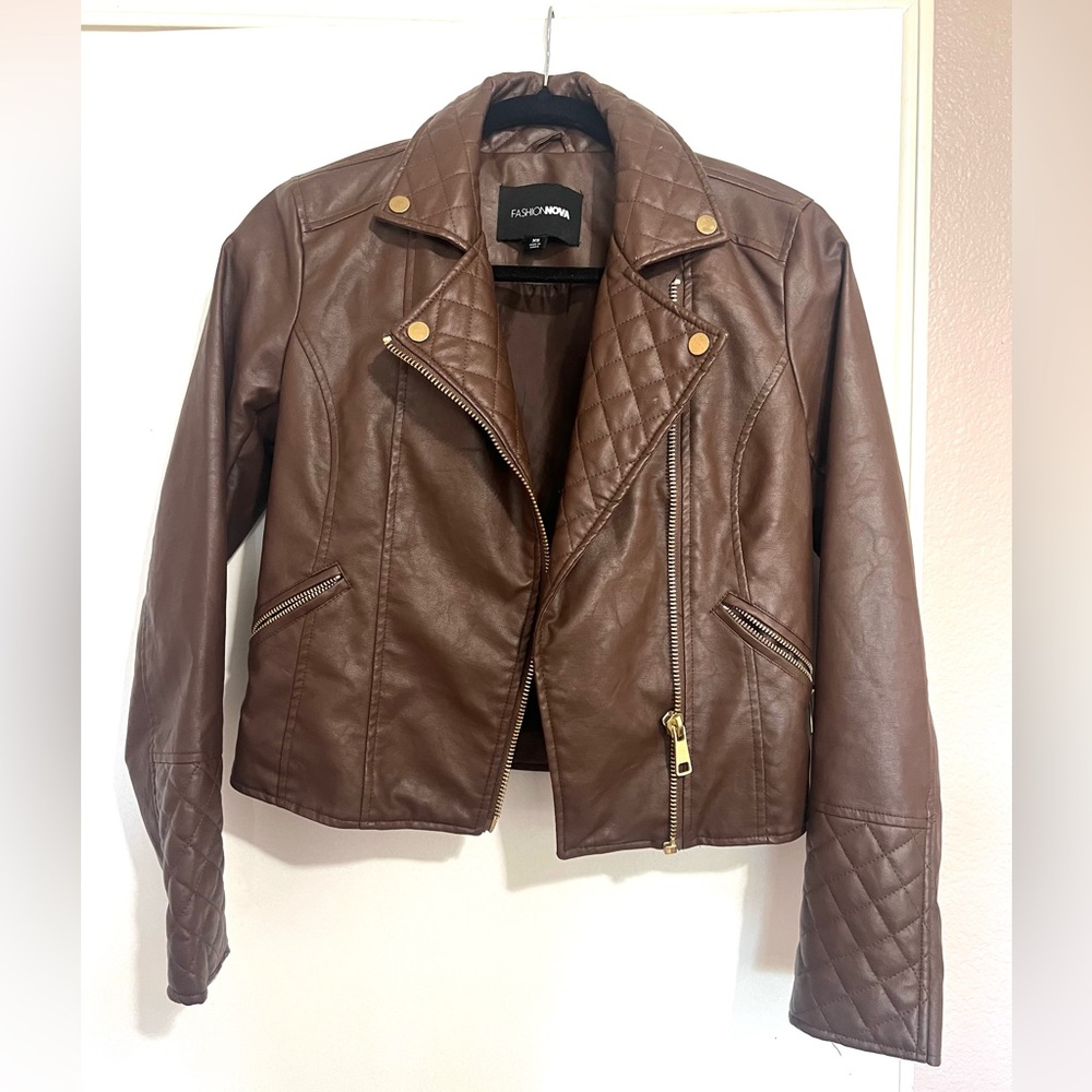 Fashion Nova Brown Quilted Leather Jacket